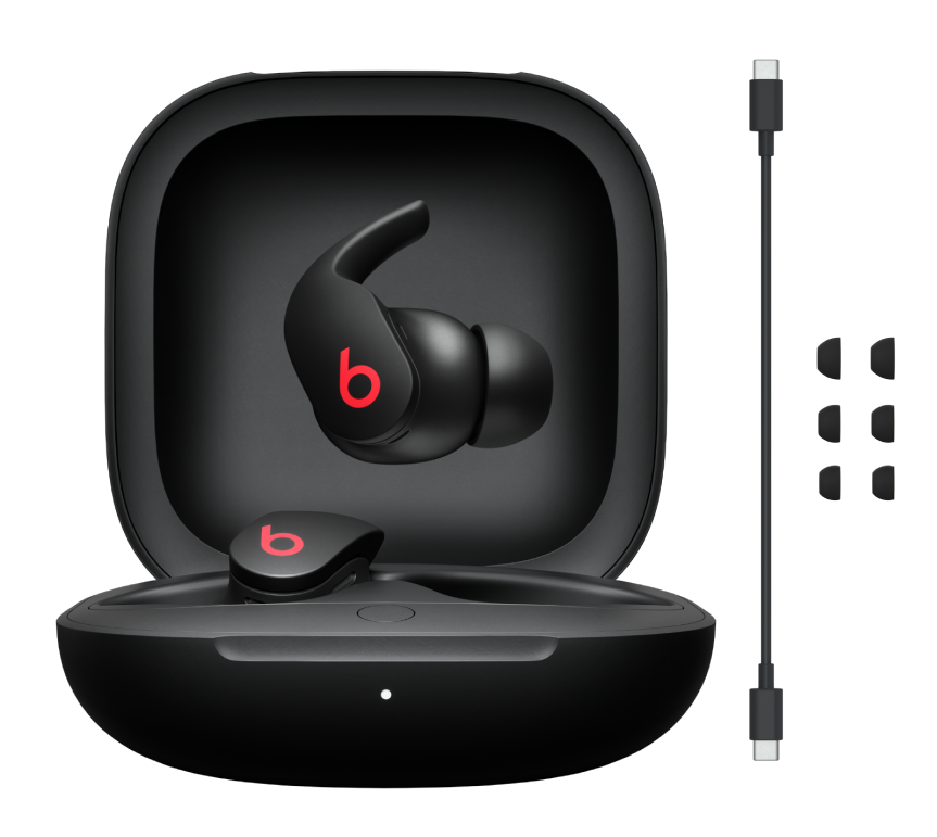 展示 Beats Fit Pro 和所有随附的包装内容:耳机、充电盒、充电线和耳塞